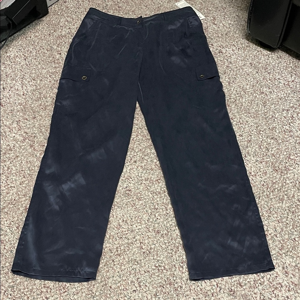 Vintage 90s 100% silk high rise wide leg cargo Navy Pants- nwt!